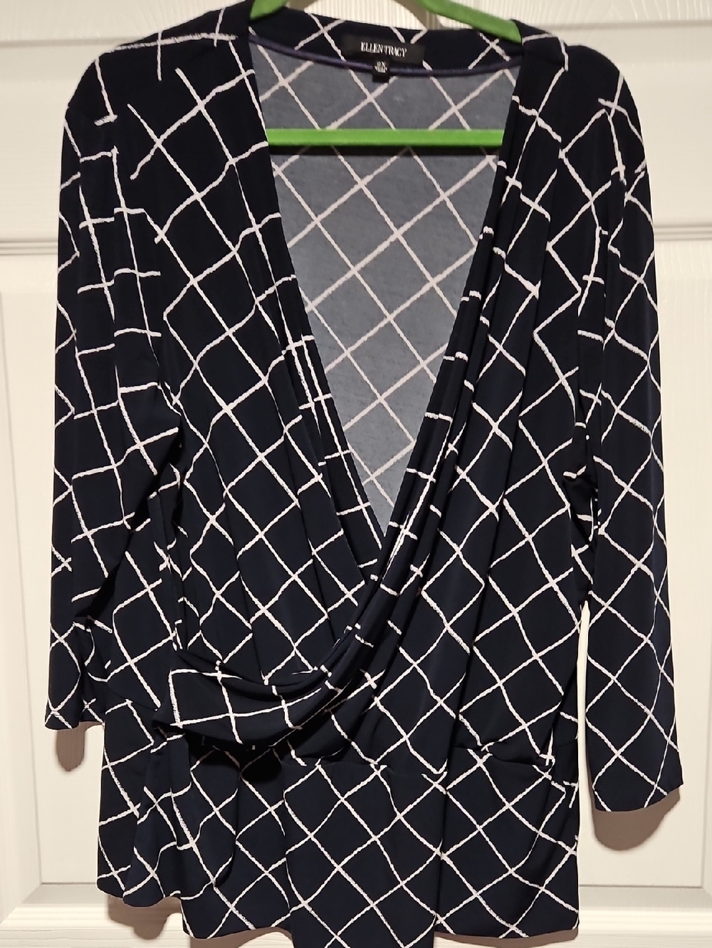 Ellen Tracy Navy and White Wrap-Front Grid Print Robe Top